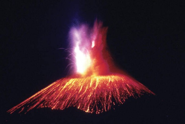 Paricutin Volcano, Mexico, in eruption at night. 1947.