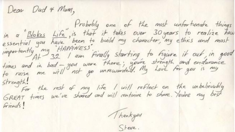 Steve's letter to his parents, Lyn and Bob. 