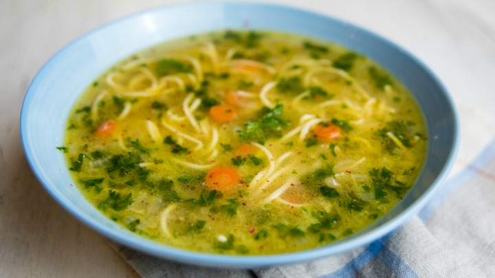 Spring chicken and caramelised leek soup