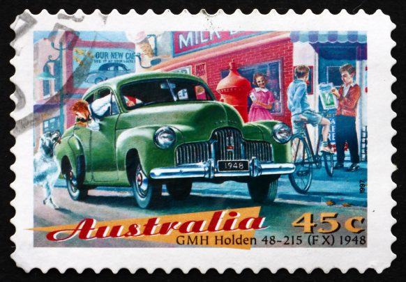 A stamp printed in Australia shows GMH Holden 48-215 (FX).