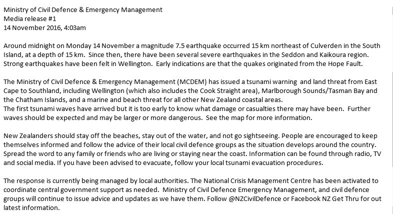 Announcement on NZ earthquake.