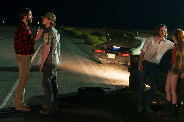 Academy Award nominee Jake Gyllenhaal portrays Tony Hastings, Robert Aramayo as Turk, Aaron Taylor-Johnson as Ray Marcus and Ellie Bamber as India Hastings in Nocturnal Animals. Credit: Merrick Morton/Focus Features.