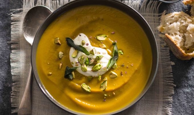 Roasted pumpkin, sage and pistachio soup