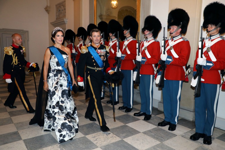 Princess Mary glowed as she stepped out in a beautiful monochrome ball gown for a state dinner at Christiansborg Palace on Tuesday night. Source: Getty