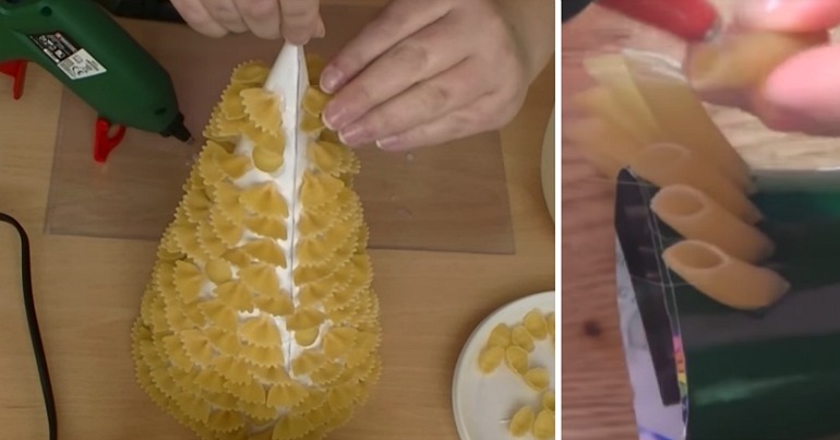 Pasta trees are so simple to make. Source: YouTube/ Make Kids Crafts (left) and YouTube/Crazy Experimenter (right).