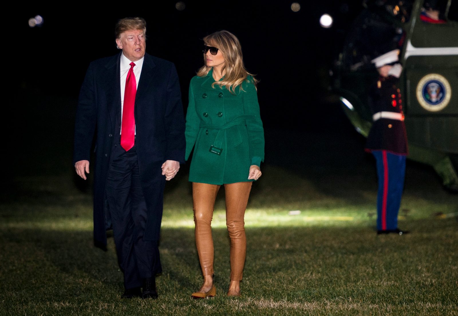 Melania Trump caused a stir in the daring leather leggings. Source: Getty.