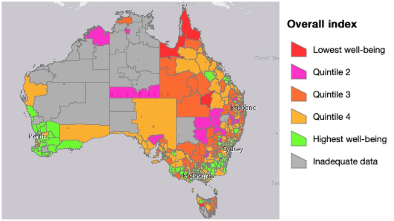 This map shows the overall wellbeing of Australia's over-65s. Source: Supplied.