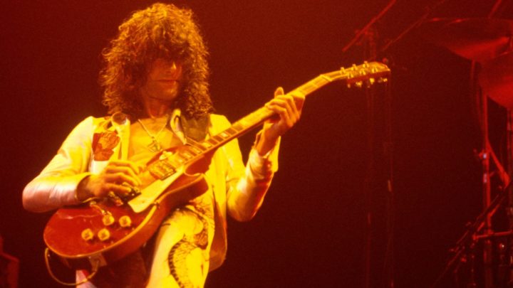 Jimmy Page performs live on stage with Led Zeppelin at Madison Square Garden, New York in June 1977. Source: Getty Images