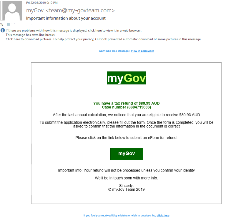 This is what the fake email looks like. Source: ATO.