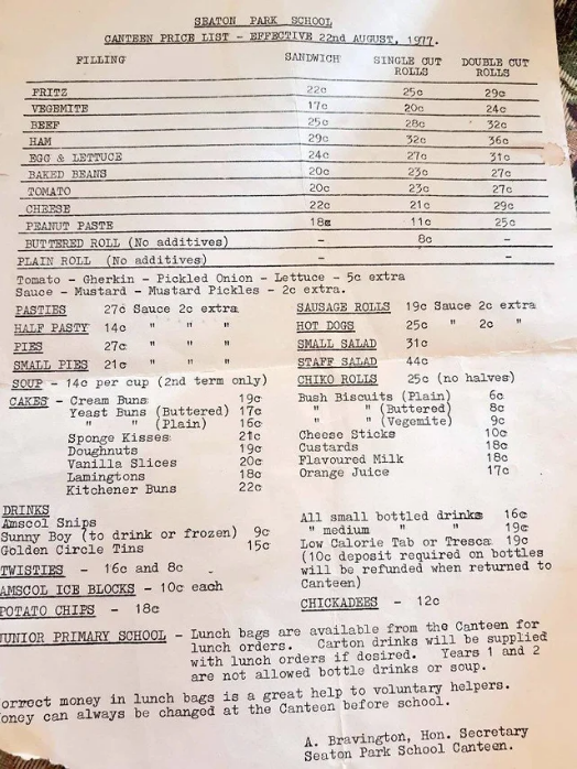 The Seaton Park Primary School menu from 1977 was shared online. 