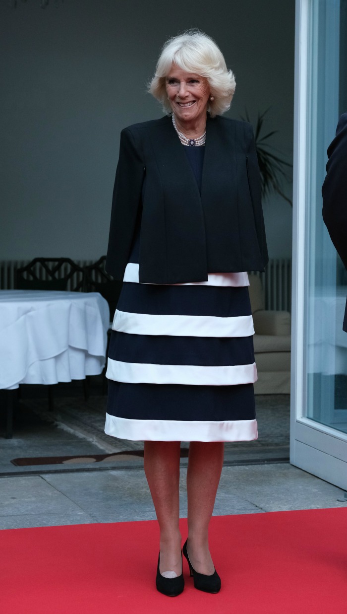 Camilla stepped in a gorgeous black and white ensemble at the Queen's Birthday reception at the British ambassador's residence in Berlin.