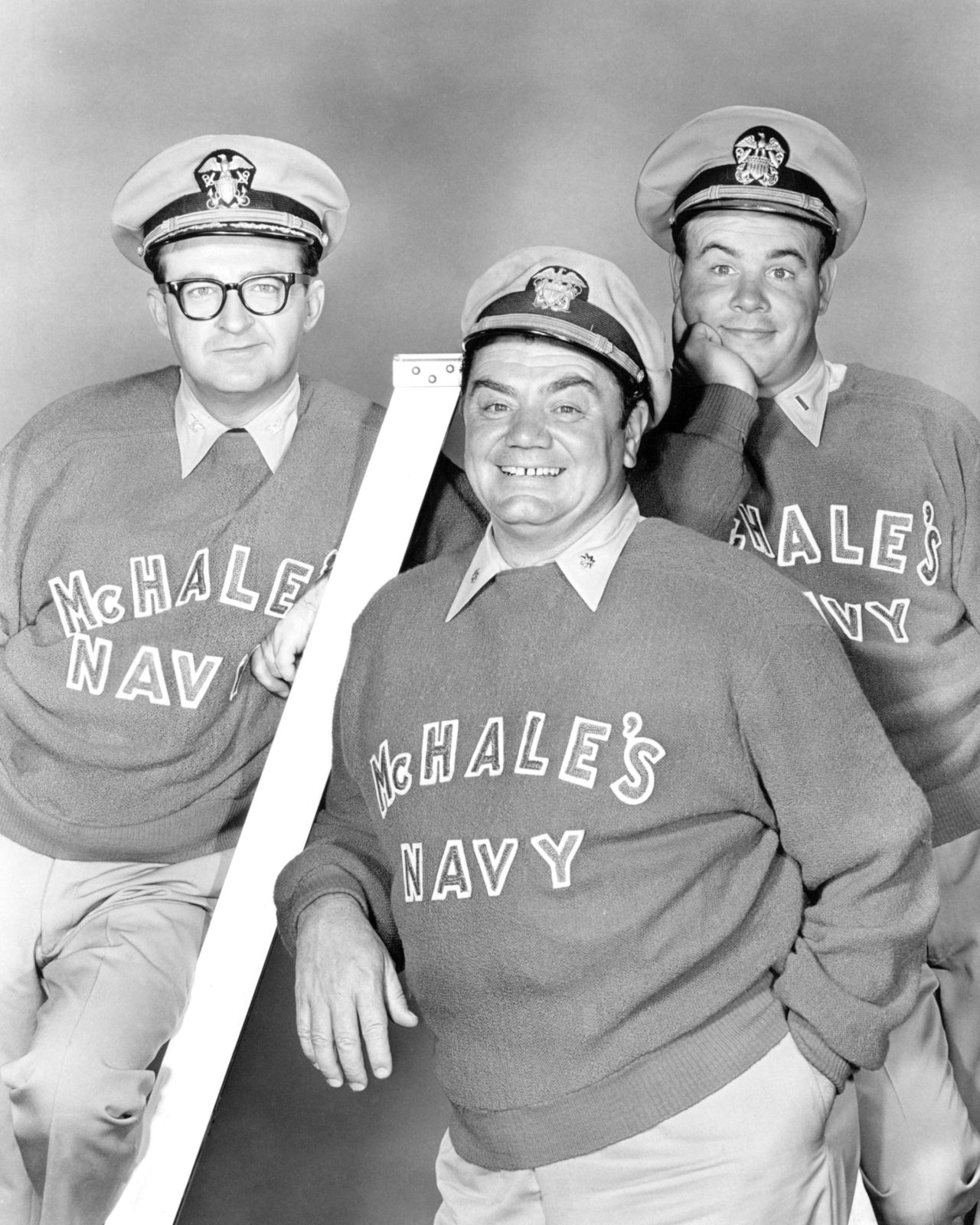 American actors (left to right) Joe Flynn, Ernest Borgnine and Tim Conway in 1964. Source: Getty.