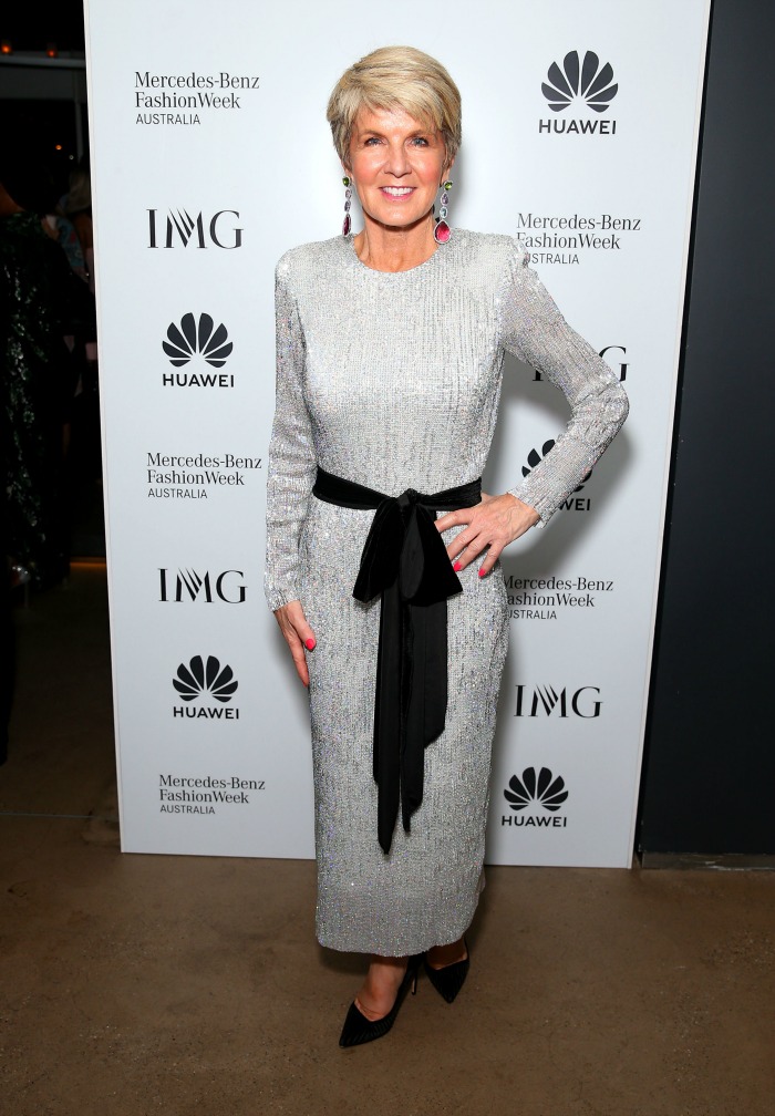 Julie Bishop turned up the heat in a stunning silver frock at the Mercedes-Benz Fashion Week Australia official closing party.