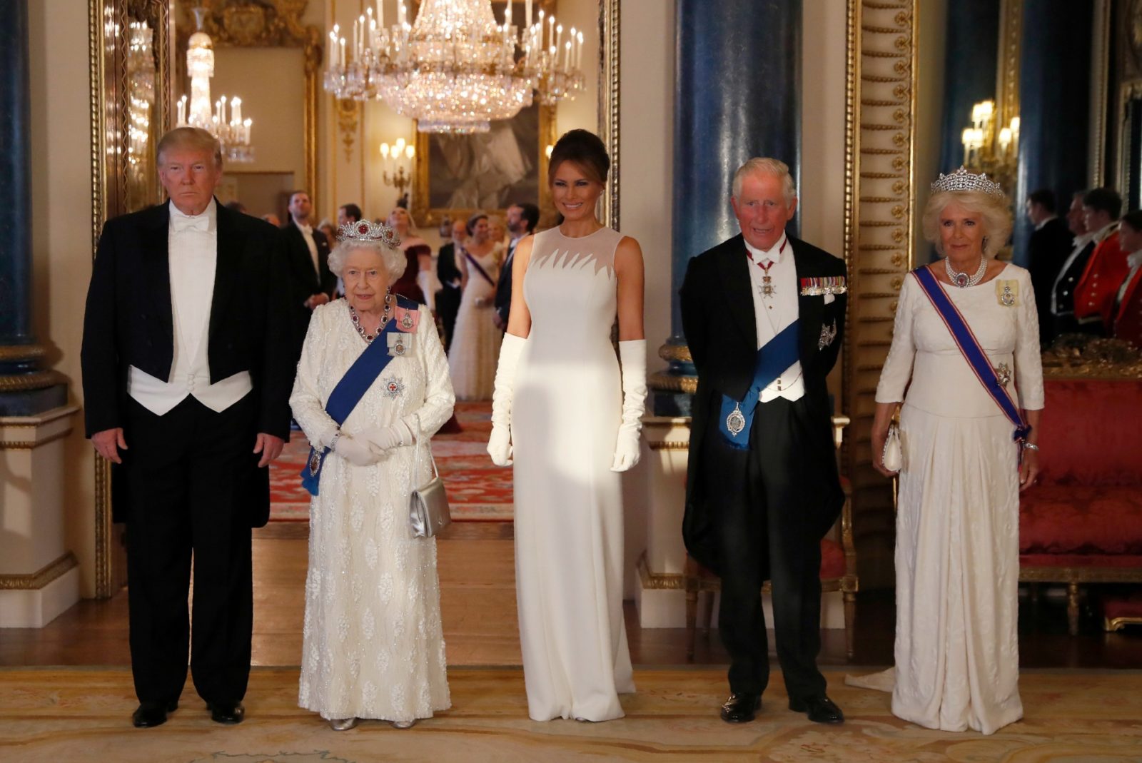 Melania Trump pictured alongside her husband US President Donald Trump, Queen Elizabeth and the Duke and Duchess of Cornwall. Source: Getty