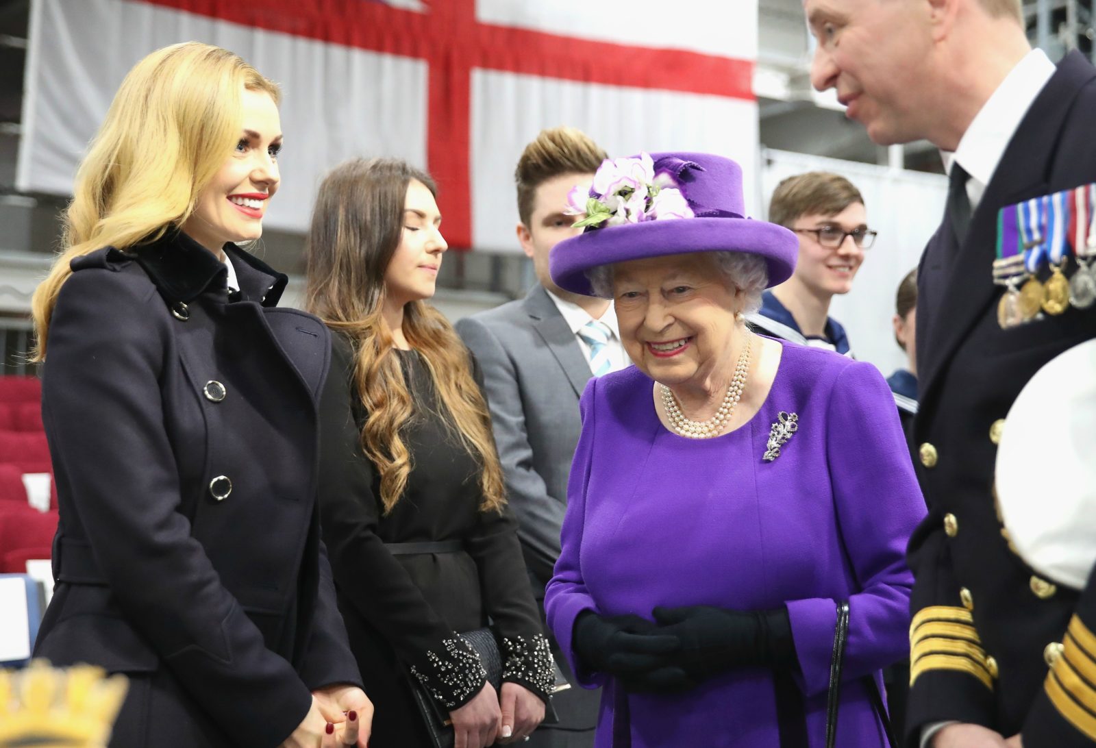 Katherine with the Queen and William at the Commissioning Ceremony of HMS Queen Elizabeth on December 7, 2017. Source: Getty.