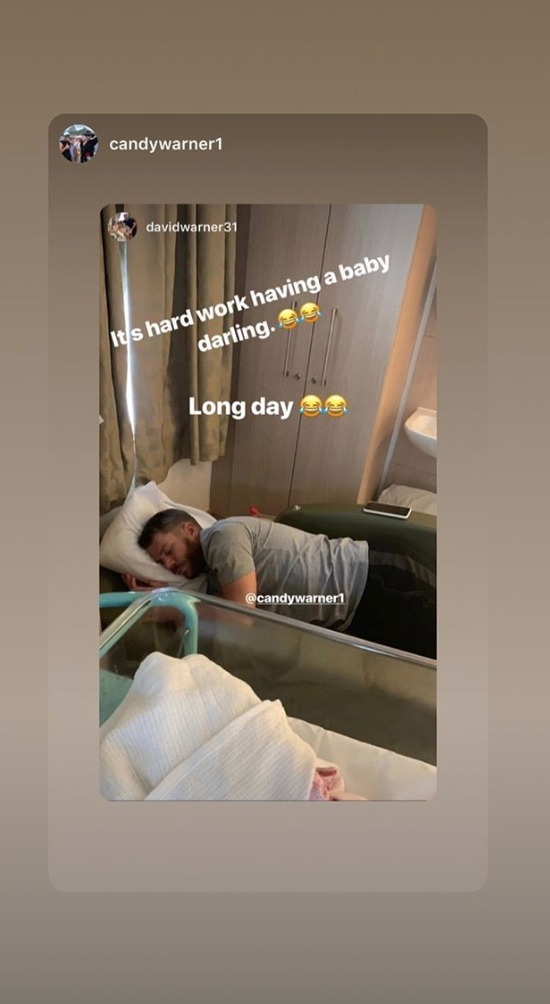 Candice poked fun at her husband as he fell asleep at her bedside. Source: Instagram/Candice Warner.