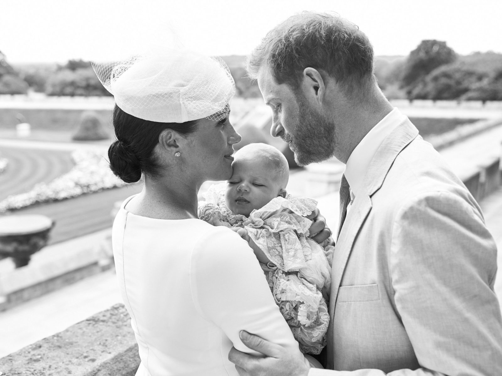 Harry and Meghan looked besotted with sleeping Archie. Source: Getty.