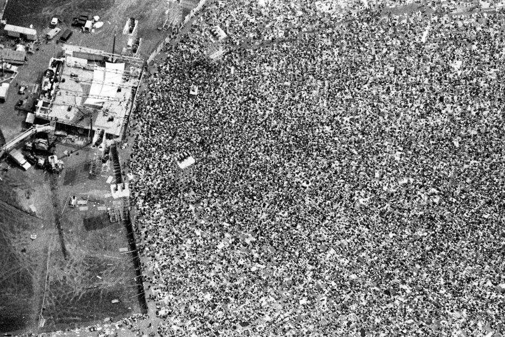 Aerial views of the whopping 500,000 person crowd at Woodstock in 1969. Source: Getty.