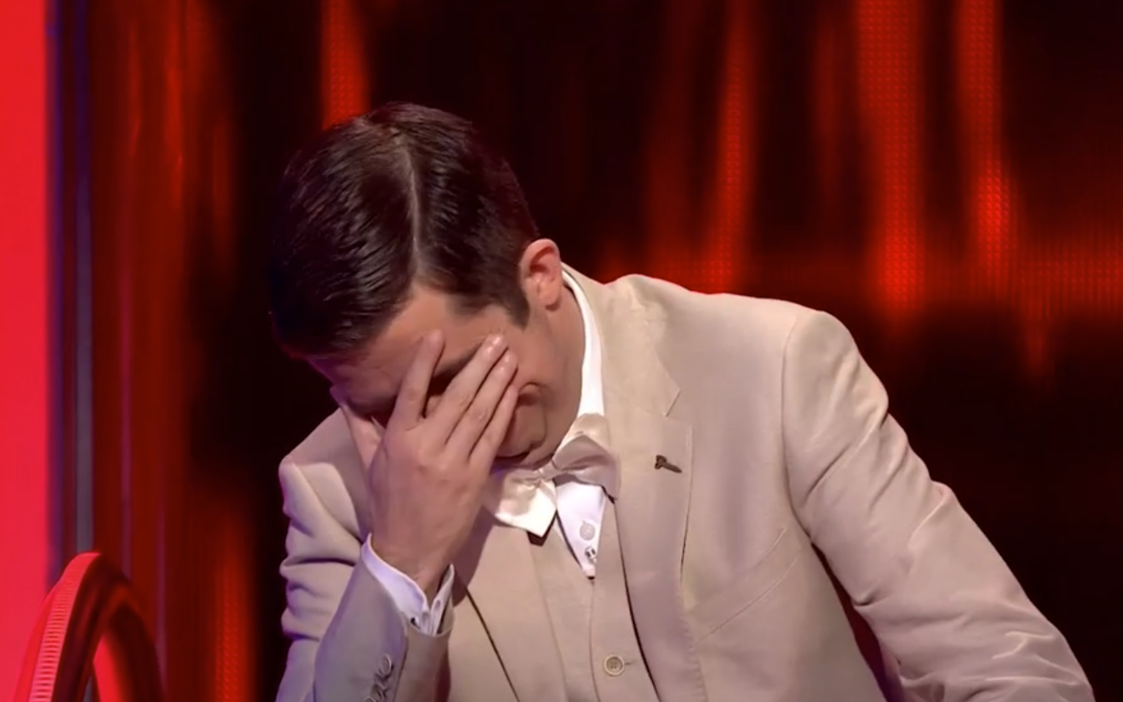 Issa is left with his head in his hands after the slip of the tongue. Source: Channel 7/The Chase.