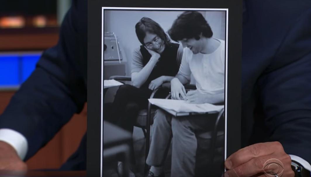 Stephen Colbert revealed the photo of McCartney and John Lennon together on air. Source: YouTube/Late Late Show with Stephen Colbert.