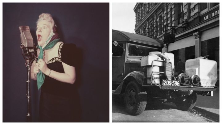 British entertainer Dame Gracie Fields and a truck with a gas producer attached to the front bumper. (Approximately 31,000 of Australia's 800,000 automobiles were fitted with charcoal burning gas producers in the '40s and '50s. Source: Getty Images