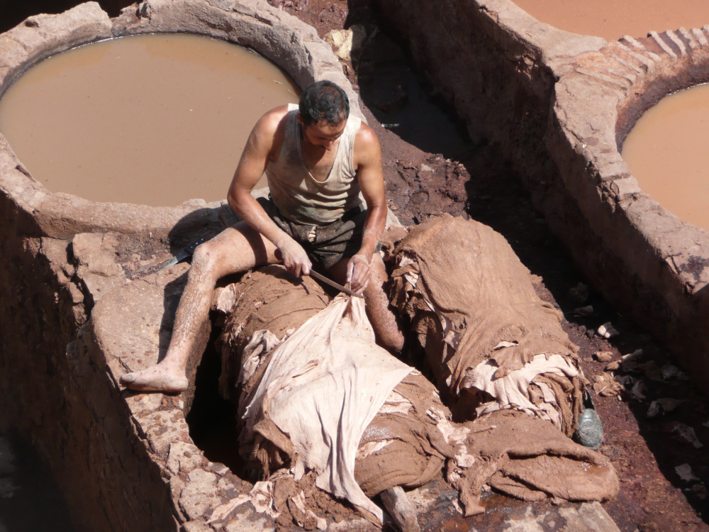 Preparing the hides at the tannery in Fez