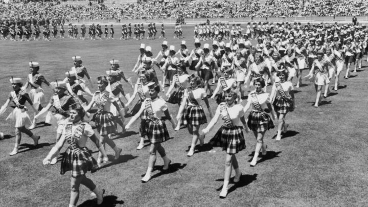 Marching girls taking part in the opening ceremony of the Commonwealth Games, Perth, in November 1962. Source: Getty