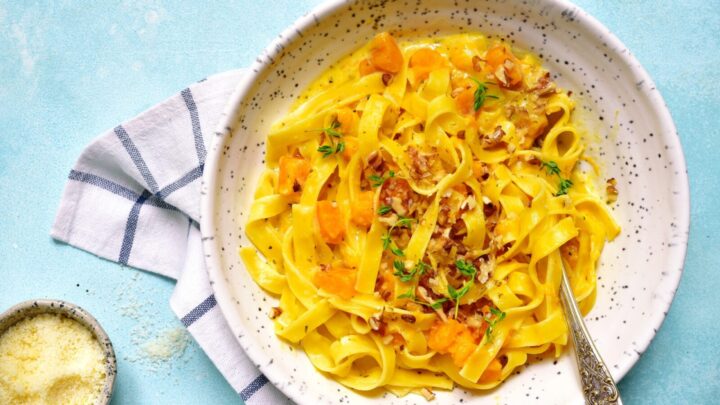 Roasted pumpkin and bacon cream pasta