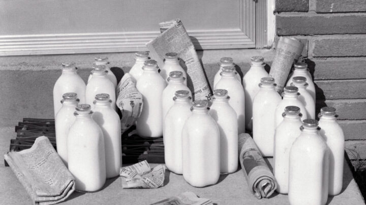 Our glass milk bottles were collected by your milkman and sent back to the dairy where they were pressure washed and refilled for the next delivery. Source: Getty