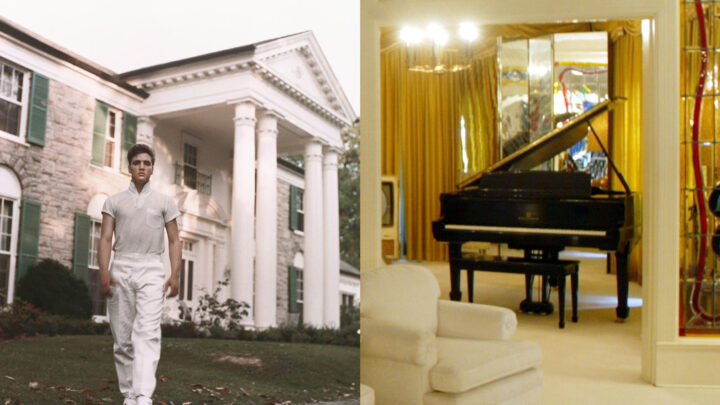 Left: Elvis Presley strolls the grounds of his Graceland estate in circa 1957 (Michael Ochs Archives/Getty Images).
Right: Graceland today (Mario Tama/Gettty Images)