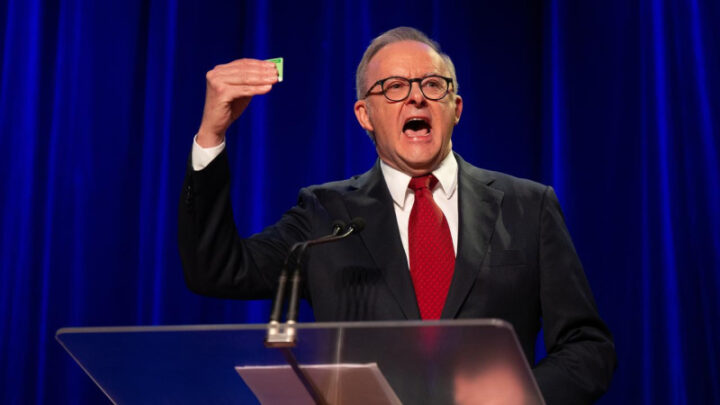 Brandishing a now-familiar Medicare card, Anthony Albanese says he will be straight back to work. Source: Lukas Coch/ AAP PHOTOS.
